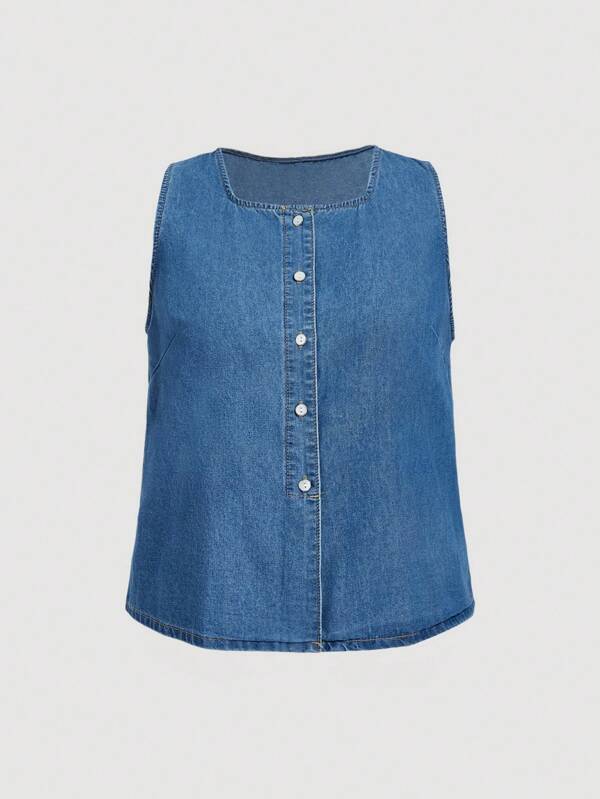 SHEIN MOD Plus Size Women Sleeveless Denim Vest, Fitted A-Line Washed Denim Top,Fall Women Clothes,Back To School, Women's Plus Size Casual Loose Sleeveless Tops,Business Casual Woman,Back To School Clothes,Office Outfits For Women,Casual Tops For Woman,Going Out Outfits,Casual Tops Women,Casual Tops,Tops For Going Out
