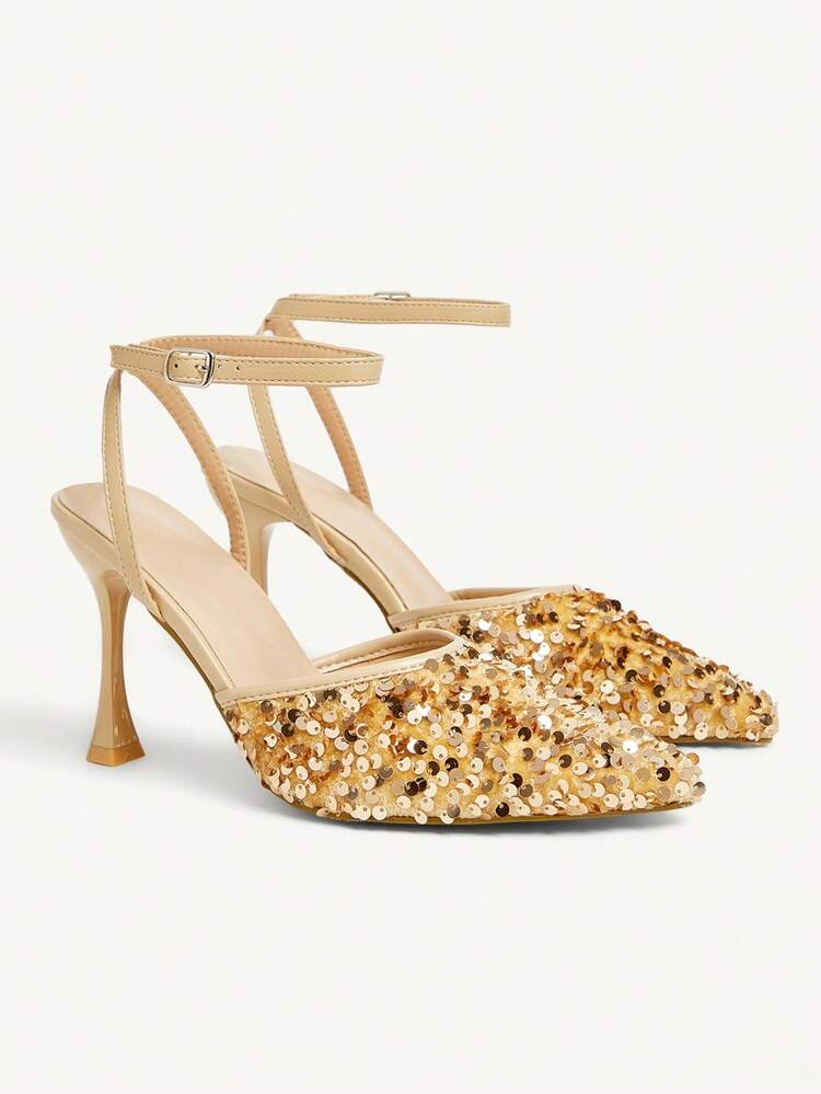 CUCCOO CHICEST Scarpin Feminino de Salto Alto Bico Fino com Tela de Paetês Dourados