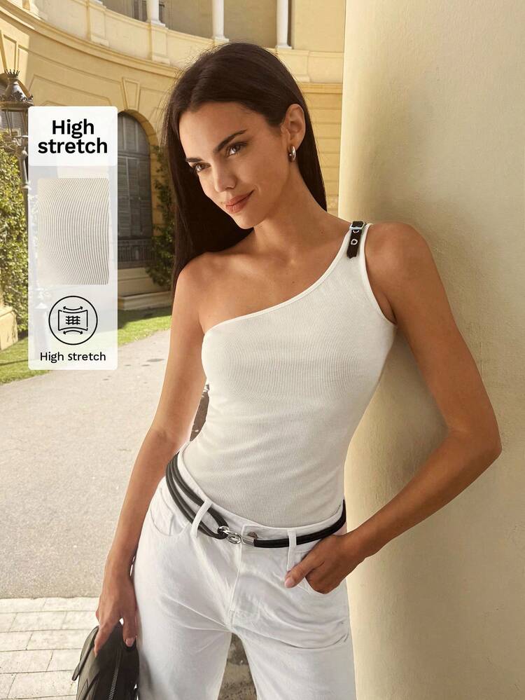 SHEIN Maija Camiseta ajustada blanca acanalado con decoración en los hombros, versátil y de moda para primavera/verano, adecuada para vacaciones y ocasiones