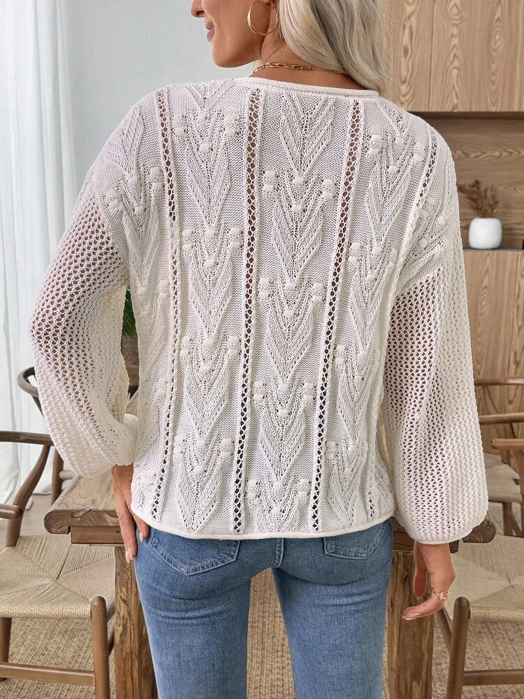Women's Loose Fit Hollow Out Round Neck Long Sleeve Casual Sweater White Sweater White Knit Top Eyelet Sweater Fall For Women Sweaters For Women Jerseys For Women Fall Women Knitted Sweater Knit Sweater Fall For Women Going Out Jumpers