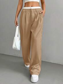SHEIN EZwear Women's Casual Wide-Leg Striped Suit Pants With Zipper For Everyday Style In Fall/Winter