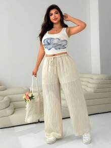 SHEIN Celana Panjang Kasual Ukuran Besar Warna Polos dengan Tali Serut, Potongan Lurus, Celana Linen Potongan Lebar, Celana Panjang Linen Wanita, Celana Linen Wanita, Celana Potongan Lebar Wanita - Aprikot - View 5