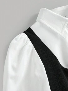 Girlism 2 件套青少年女孩梭织领泡泡袖衬衫和吊带裙，含领带，返校季 - 黑與白 - 查看 6