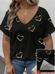 INAWLY Plus Size Women Heart Print V-Neck Short Sleeve Loose T-Shirt, Suitable For Spring/Summer Valentine's Day