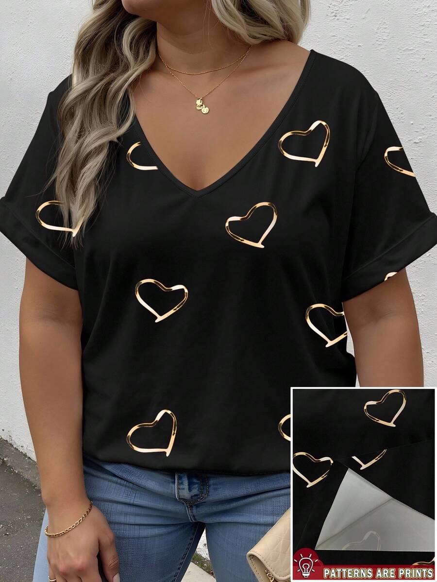 INAWLY Plus Size Women Heart Print V-Neck Short Sleeve Loose T-Shirt, Suitable For Spring/Summer Valentine's Day