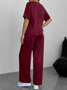 INAWLY Bộ 2 món đồ cho nữ Áo thun cổ tròn tay ngắn và quần dài trang phục thường ngày - Màu Đỏ Sâu - Xem 2