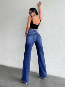EURMUSE 99%Cotton Zipper Fly Straight Leg Jeans - Teal Blue - View 2