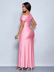 SOLERSUN 夏季女士婚礼派对优雅杏色针织亮面面料不对称露肩无袖拼接收腰修身鱼尾裙摆长裙