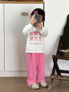 女婴日常休闲蝴蝶结印花圆领运动衫和裤子套装 - 彩色 - 查看 6