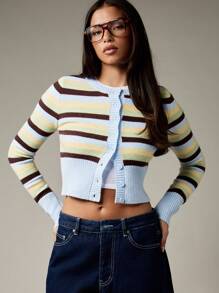MISSGUIDED Y2K Style Button Front Cropped Cardigan Ribbed Knit Sweater Retro Striped Pattern Long Sleeve Fall Winter Casual Knitwear - Multicolor - View 4