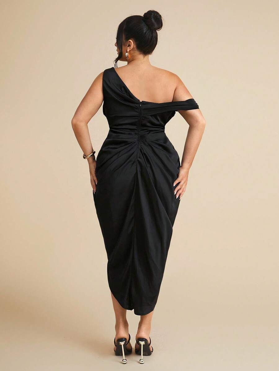 SHEIN BAE Váy xòe nhún bèo dự tiệc xuân/hè cỡ lớn cho nữ, váy satin - màu đen - Xem 1