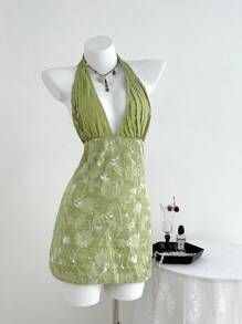 Elamini Vestido mini elegante de verano para mujer con tirantes de lazo, plisado, parches bordados con lentejuelas y espalda descubierta en color verde menta - verde menta - Ver 6