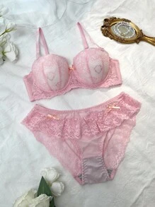 2PCS Sheer-Inspired Pink Bra And Panty Set In Soft Lace Design Panty And Bra Set Lace Lingerie Set Pink Lingerie Set  Kawaii Cute Coquette Babydoll  Cozy And Elegant Details - Pink - View 1
