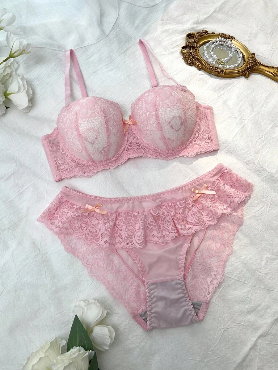 2PCS Sheer-Inspired Pink Bra And Panty Set In Soft Lace Design Panty And Bra Set Lace Lingerie Set Pink Lingerie Set  Kawaii Cute Coquette Babydoll  Cozy And Elegant Details - Pink - View 1