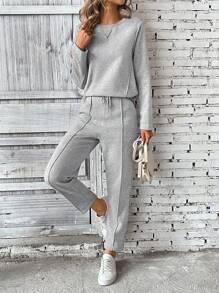SHEIN PETITE 2pcs Women Long Sleeve Sweatshirt & Pants Set, Sweatshirt Top With Drawstring Hoodie, Elastic Waist Pants All White Casual Outfits Spring