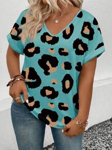 EMERY ROSE 大码女式休闲V领短袖卷边豹纹T恤 - 彩色 - 查看 4