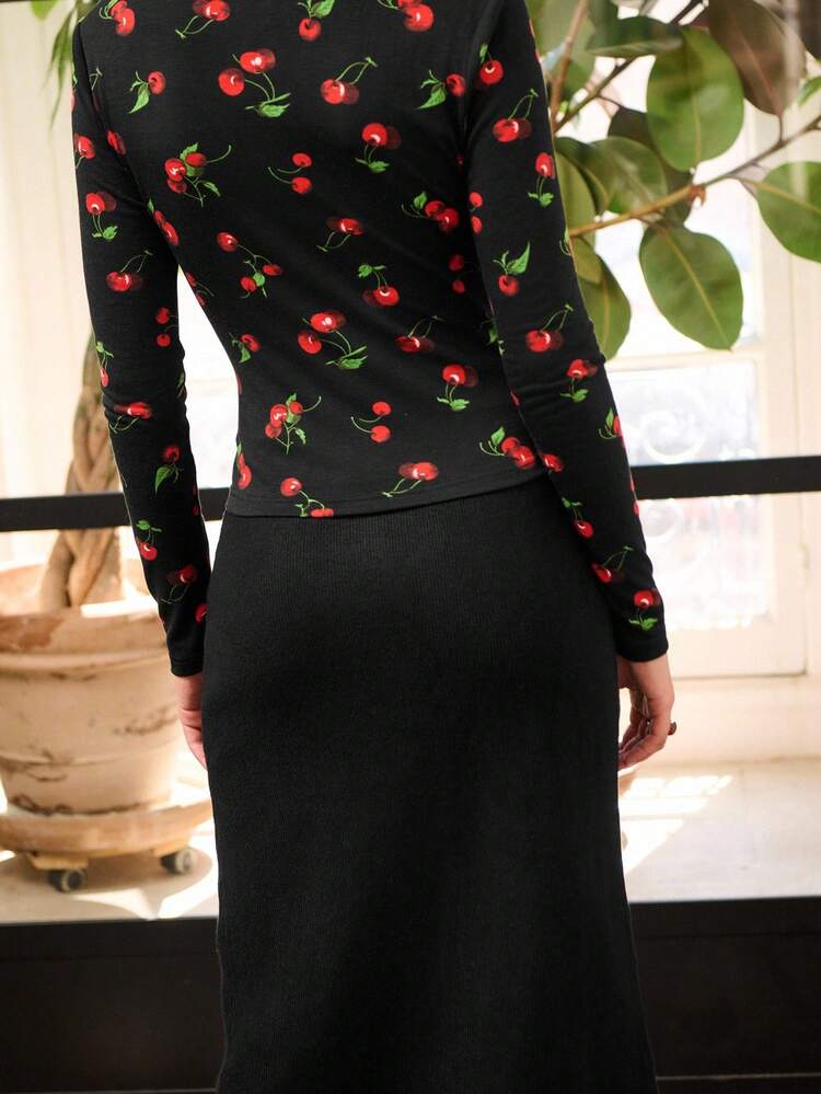 Black Cherry Print Stretch Top With Gathered Bust Fall Going Out Top Office Spring Summer Top