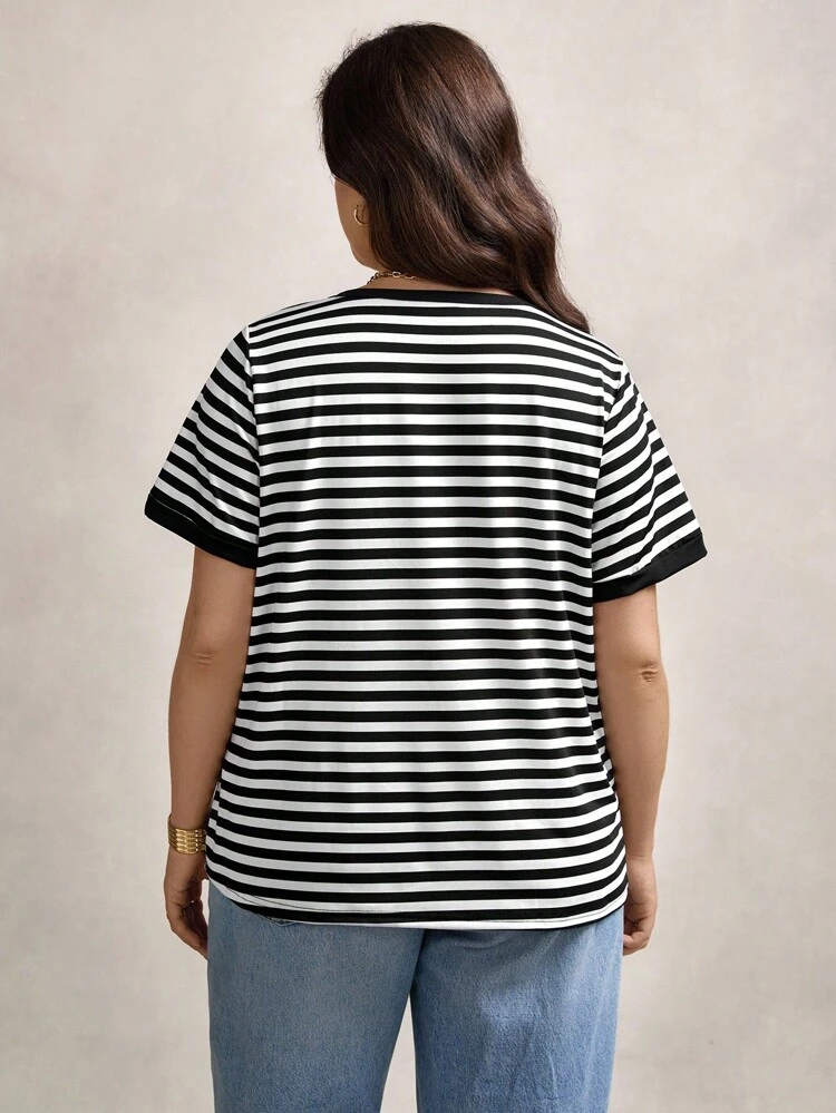 Plus Striped Notched Neckline Contrast Binding Tee, Summer Back To School Back To School School Clothes Back To School Clothes  Homecoming Dress Teacher
