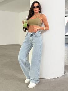 EURMUSE 低腰口袋阔腿牛仔裤 - 中等水洗藍 - 查看 3