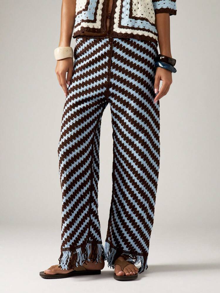 Crochet Knit Wide Leg Pants With Fringed Hem