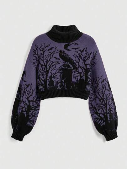 Goth Gothic Dark High Neck Warm Raven Graveyard Moon Bat Branch Jacquard Lantern Sleeve Women Sweater, Halloween