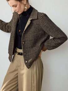 Uhlyne New Autumn/Winter Woven Turndown Collar Plaid Elegant Long Sleeve Casual Fitted Buttoned Design Women Jacket Coat,Autumn,Minimalist,Business Casual,Holiday Outfits,Work Wear,Teacher Outfits,Back To School,Fall,Old Money Style - Brown - View 10