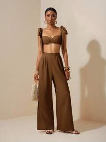 海滩新款春夏休闲度假蝴蝶结肩带裹胸心形领短款上衣+阔腿超长裤杏色女两件套Se，纹理面料材质 - 棕色 - 查看 6