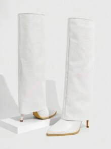 CUCCOO SZL Botas altas de tacón fino y puntera afilada Cuccoo, botas de montar sexys para mujer - Blanco - Ver 6