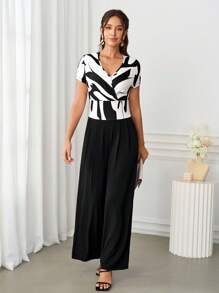 Ellevyn 女士优雅撞色V领交叉裹身短袖连体裤秋季女装度假装女士连体裤