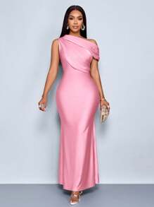 SOLERSUN 夏季女士婚礼派对优雅杏色针织亮面面料不对称露肩无袖拼接收腰修身鱼尾裙摆长裙