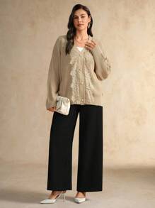 Flouryn Plus Size Elegant Commuter Solid Color Lace Trim Cardigan Fall Winter Cloth For Women Autumn - Khaki - View 4