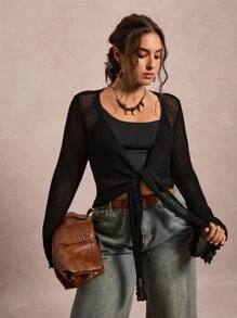 Freevana Plus Size Women Solid Color Flare Sleeve Front Tie Cardigan Black Mesh Top Sheer Cardigan Front Tie Top Black See Through Top Bolero Shrug Halloween Going Out Outfits Mesh Top Knitted Sweater School Teacher Outfits For Women Western Vintage Winter Fall Clothes Plus Size Boho Old Money Winter Outfits For Women Autumn - Black - View 5