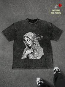 GENIUS ODE Men's Loose Fit Round Neck Short Sleeve T-Shirt With Virgin Mary Rhinestone Print, Summer - Black - View 2