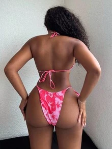 Alexandranx Bộ 3 váy đi biển cổ yếm in họa tiết ngẫu nhiên cho nữ, bộ bikini buộc dây ngày lễ cổ điển, mùa hè - Hồng - Xem 2