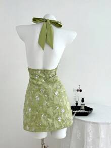 Elamini Vestido mini elegante de verano para mujer con tirantes de lazo, plisado, parches bordados con lentejuelas y espalda descubierta en color verde menta - verde menta - Ver 2
