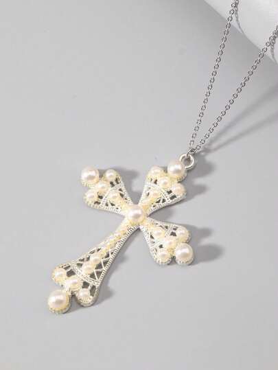 Goth 1pc Y2K Gothic Cross Faux Pearl Luxury Women's Necklace, Suitable For Dates, Festivals And Parties