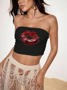 Shutterstock Glamance Women's Lip Print Fitted Y2k Cropped Bandeau Top Tube Top With Bra Lips Tube Top SXY 2000s Cute Top Back To School Club Sexy - Red and Black - View 4
