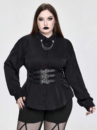 Goth Top holgada de talla grande con cadena de metal de estilo gótico oscuro y estilo palacio, camiseta de tamaño grande