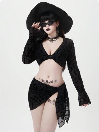Goth 2pcs Women Batwing Flocked Tie Flare Sleeve Poncho Top And Mini Skirt Set, Sexy Casual For Spring Summer Beach Party