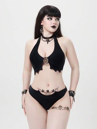 Goth Conjunto de traje de baño gótico negro oscuro para mujer, bikini con estrella de cinco puntas y murciélago