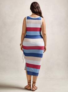 SHEIN LUNE Plus Size Women's Round Neck Drawstring Design Sleeveless Colorful Stripe High Slit Maxi Dress - Multicolor - View 2