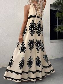 EMERY ROSE 女式波西米亚无袖细肩带连衣裙，印花露背飘逸 A 字形海滩度假礼服，夏季长款细肩带女士连衣裙 - 彩色 - 查看 2