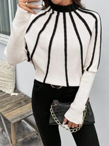 SHEIN LUNE Suéter de cuello alto de manga larga con contraste de color, jersey de punto de otoño/invierno - Blanco y Negro - Ver 6
