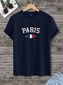 Manfinity Homme 男士休闲时尚印花短袖圆领T恤，夏季 - 寶藍色 - 查看 2