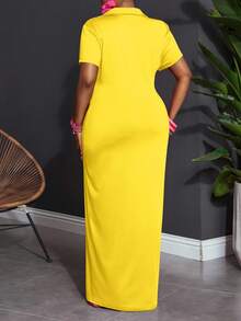 Slaydiva Vestido de manga corta con cuello polo, ajustado, elástico, minimalista, versátil y casual para uso diario en verano, talla grande para mujer