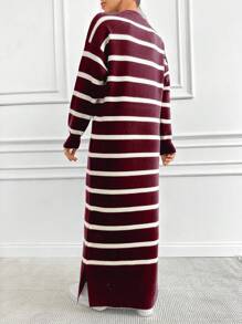 EURMUSE Striped Contrast Color Loose Knit Sweater Dress - Burgundy - View 2