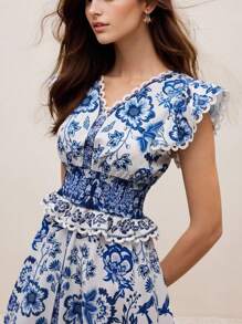 Modelyn Women's Shirred Cap Sleeve Self Tie Waist Long Floral Print Dress For Vacation, Women Casual Dress, Woman S Summer Clothes,Vacaciones Relax,Summer Dresses For Women,Vacation Outfits Woman,Bohemian Clothes,Vacation Outfits