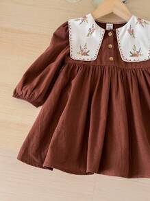 SHEIN LMoss Kids Vestido de manga comprida com gola Peter Pan e estampa floral vintage LMoss Baby Girl, outono/inverno - Ferrugem Marrom - Ver 3
