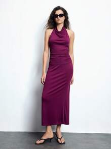 Maija Conjunto de top corto sin mangas de cuello drapeado de punto acanalado morado y falda de cintura alta, estilo ceñido cómodo y agradable a la piel, adecuado para Pascua, festival de música, brunch de graduación, elegante