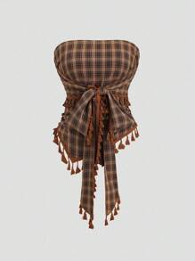 Sweetra 法式复古格子流苏蝴蝶结短款吊带背心 - 棕色 - 查看 4